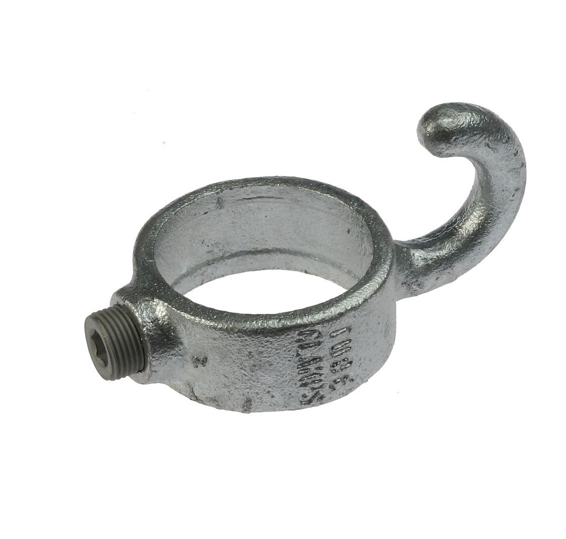 A durable grey hot-dip galvanized cast iron hook collar fitting featuring an integrated grub screw for secure pipe attachment.
