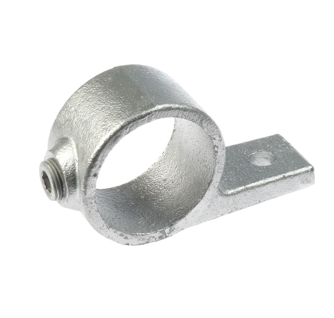 Hot-dip galvanised cast iron fixing bracket with a circular pipe clamp, securing screw, and a flat tab for surface mounting.