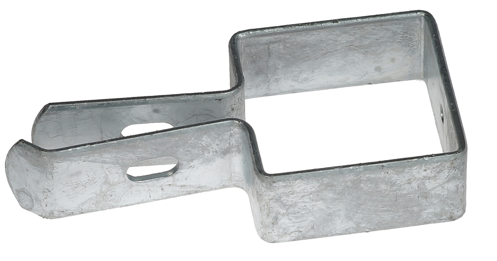 A silver hot-dip galvanised metal end clamp bracket for a 60x60mm square box section post, featuring an extended lip.