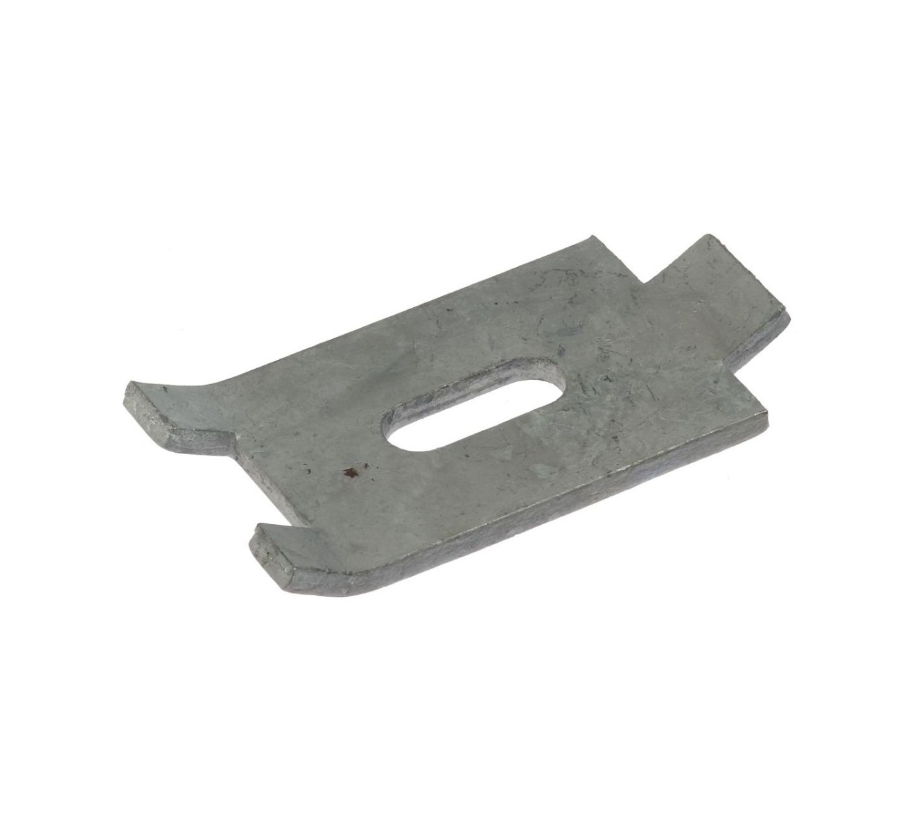 A hot-dip galvanised metal angle joint plate with a central slot used for connecting double rod mesh fence panels.