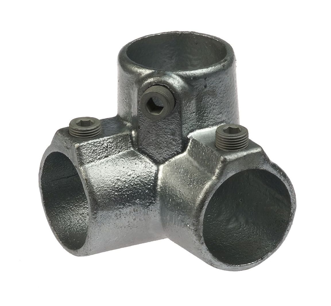 Heavy-duty hot-dip galvanised cast iron three-way 90-degree elbow pipe fitting with set screws for secure connections.