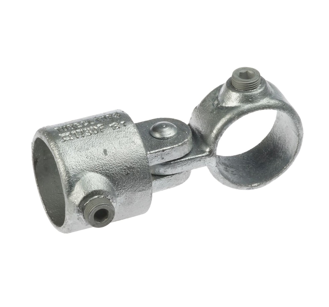 A durable hot-dip galvanised cast iron single swivel combination pipe fitting with set screws for adjustable angled connections.