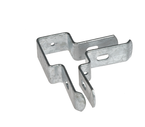 A galvanised metal corner bracket designed for double rod mesh fencing with a 60x40mm box profile and pre-drilled holes.