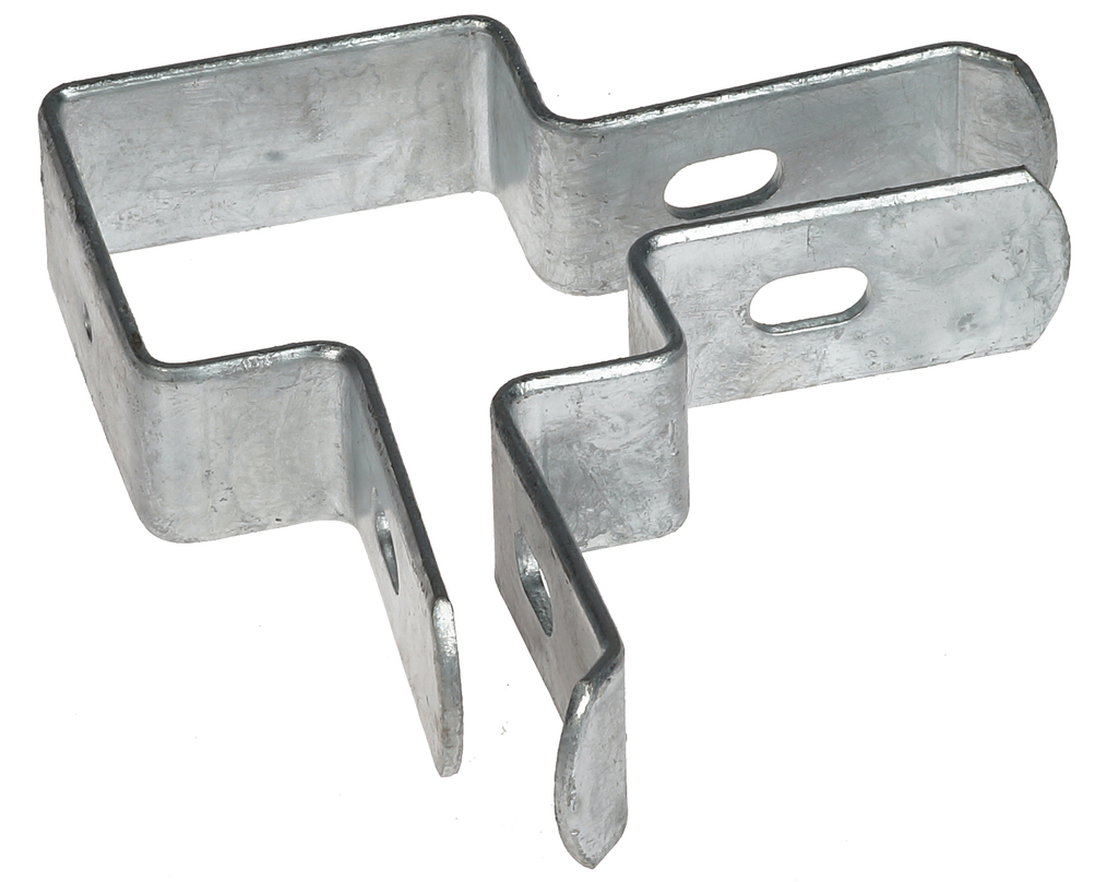 A silver galvanized steel corner bracket with pre-drilled holes, designed for mounting double rod mesh to 60x60mm box profile posts.