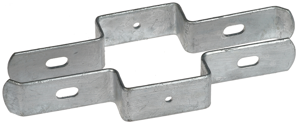 A silver hot-dip galvanized metal clamp bracket designed for 60x60mm square posts to secure double bar mesh fence panels.