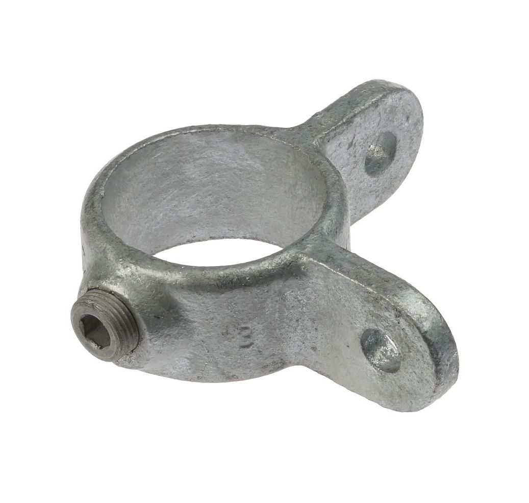 A galvanized metal molded hinge portion featuring a circular pipe clamp with a set screw and two mounting tabs.