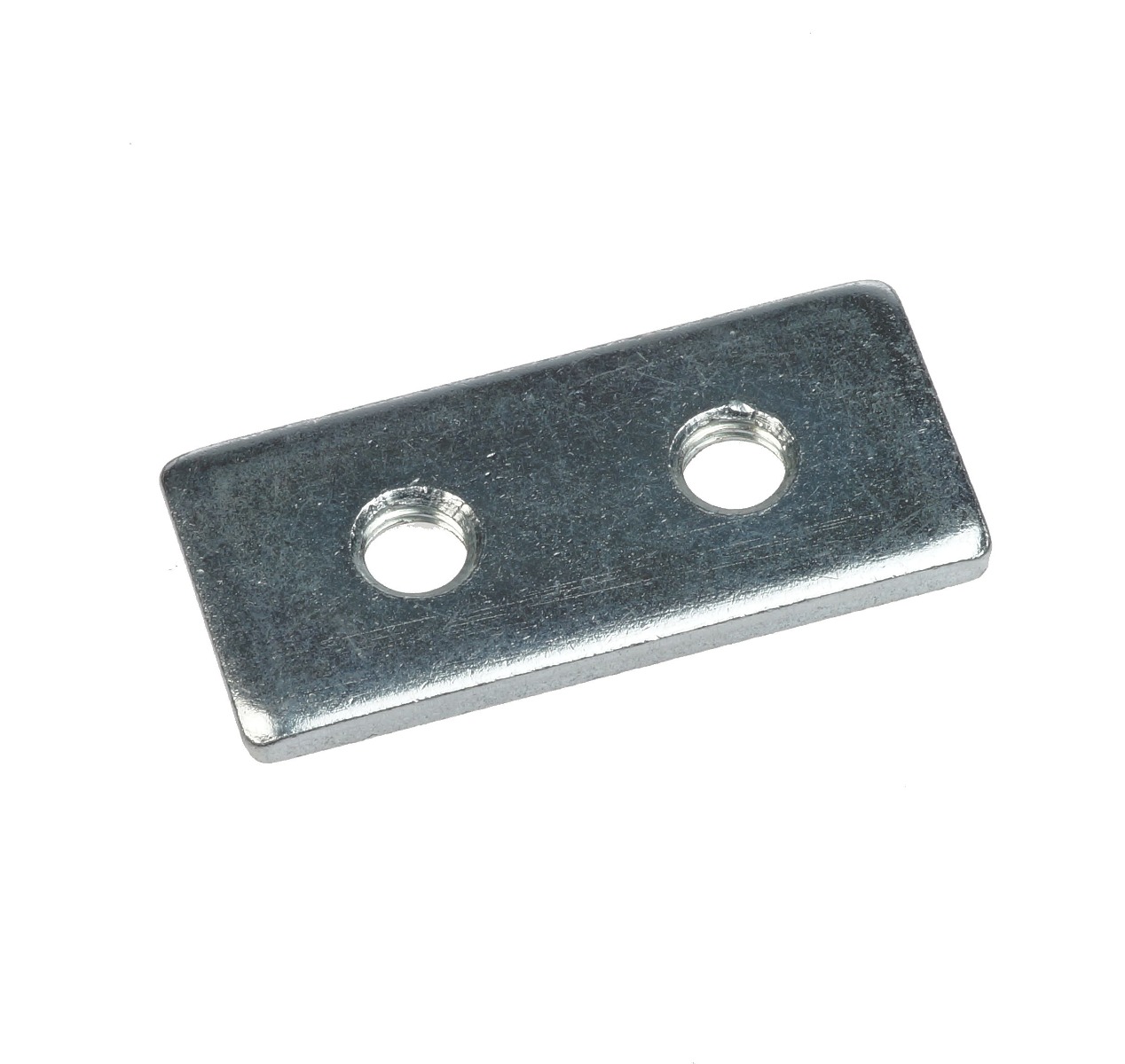 A rectangular metallic plate with a galvanized finish and two threaded holes positioned centrally for mounting applications.