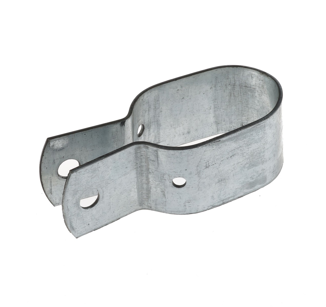 A galvanized steel oval brace bracket featuring two extended flat ends with pre-drilled holes for adjustable mounting and support.