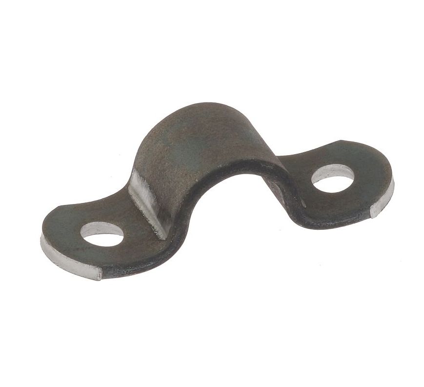 A sturdy black metal saddle bracket strip featuring two mounting holes, designed for securely fastening pipes to flat surfaces.