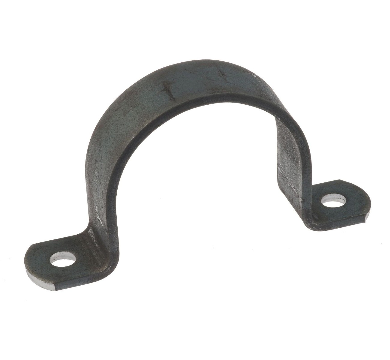 Industrial black steel saddle bracket with two mounting holes for securing pipes or conduit against flat surfaces.