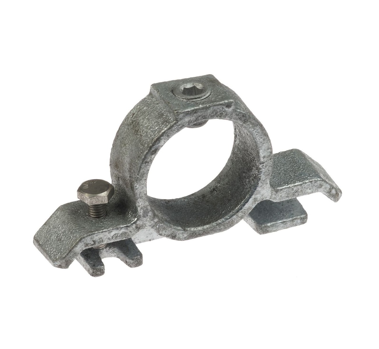 A durable cast iron traffic sign clamp featuring a hot-dip galvanised finish and adjustable hex head screws.
