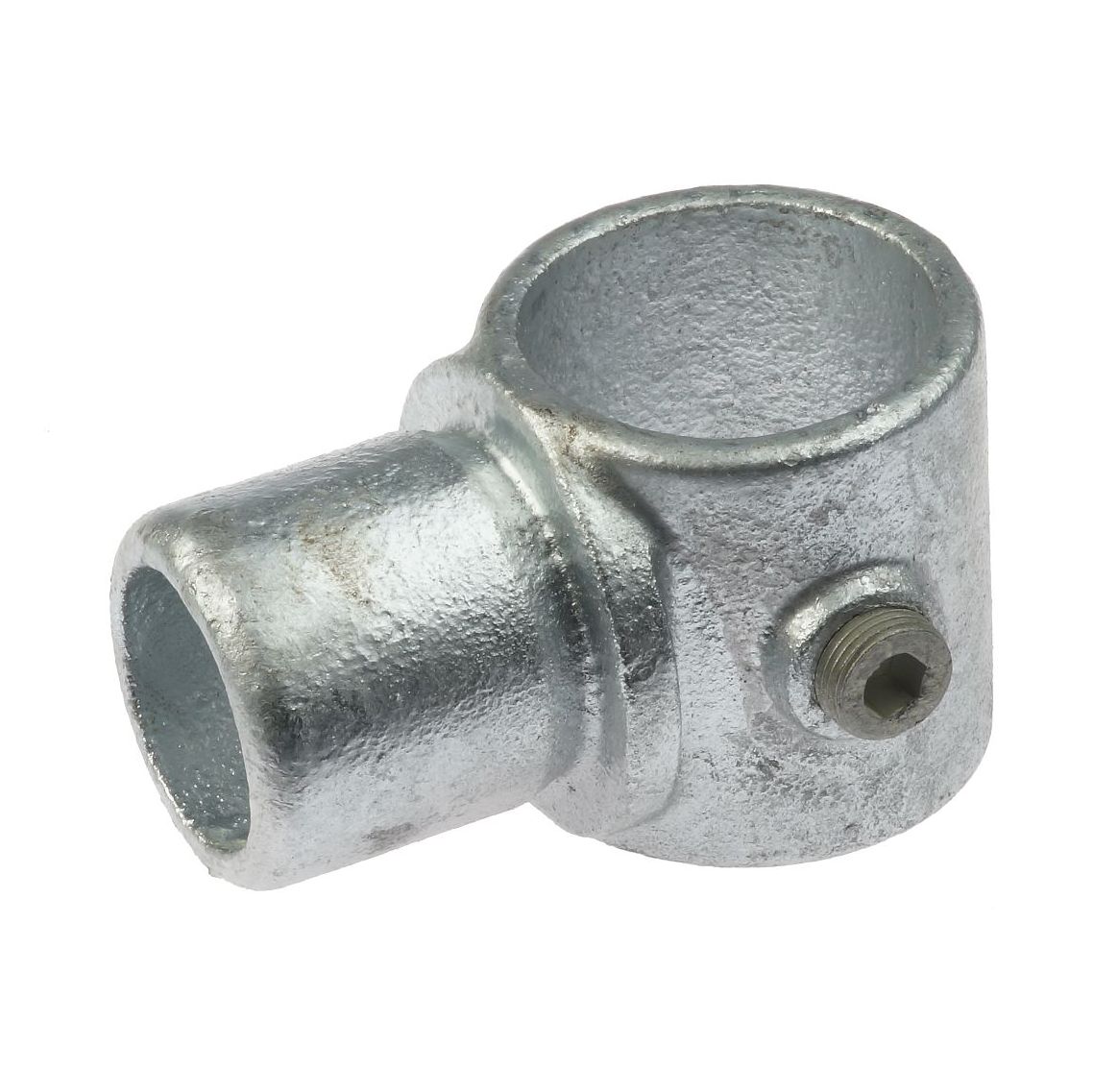 A close-up of a silver hot-dip galvanized cast iron internal swivel tee pipe connector with a set screw.