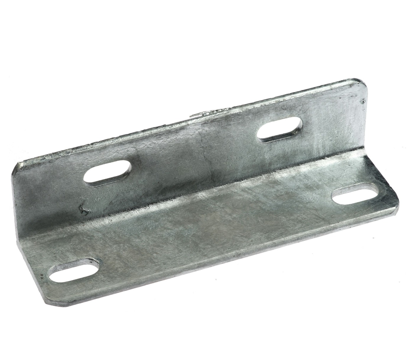 An L-shaped hot-dip galvanised steel corner piece with four oval mounting holes, displayed against a white background.