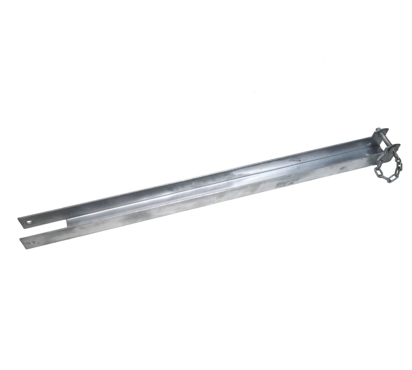 A long hot-dip galvanised steel throw-over latch with a pin and chain for securing heavy-duty double gates.