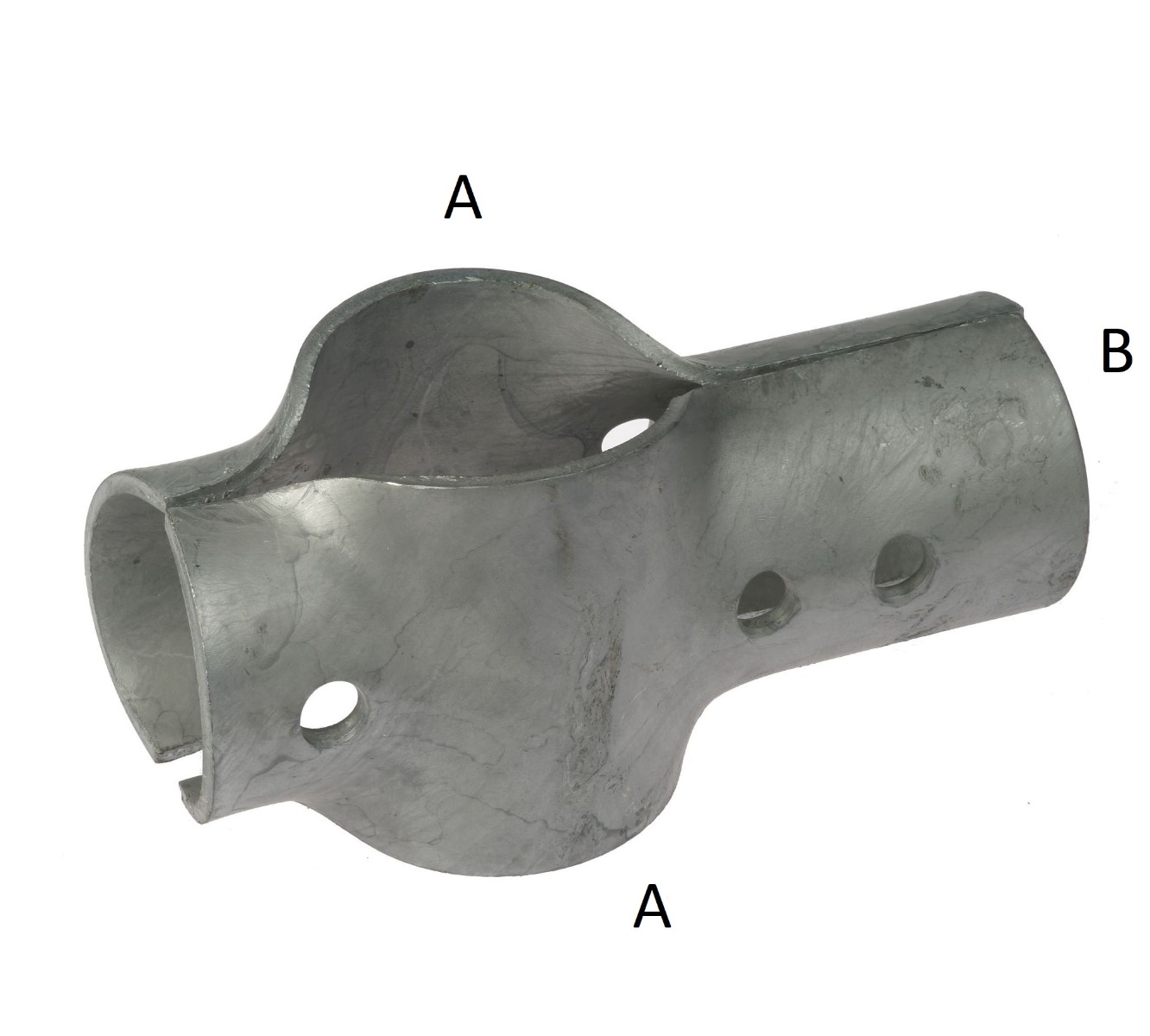 A heavy-duty hot-dip galvanised two-part metal T-clamp for pipe connections, featuring clear assembly labels A and B.