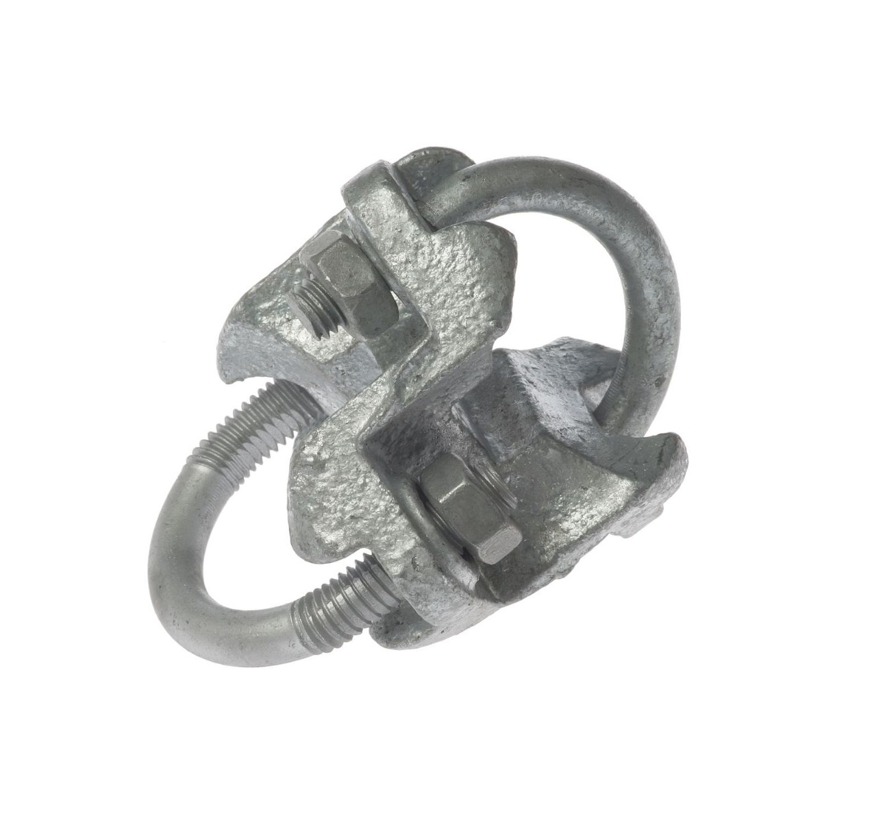 A durable hot-dip galvanised U-bolt crossover clamp TG 45 featuring secure bolts and nuts for intersecting pipe connections.
