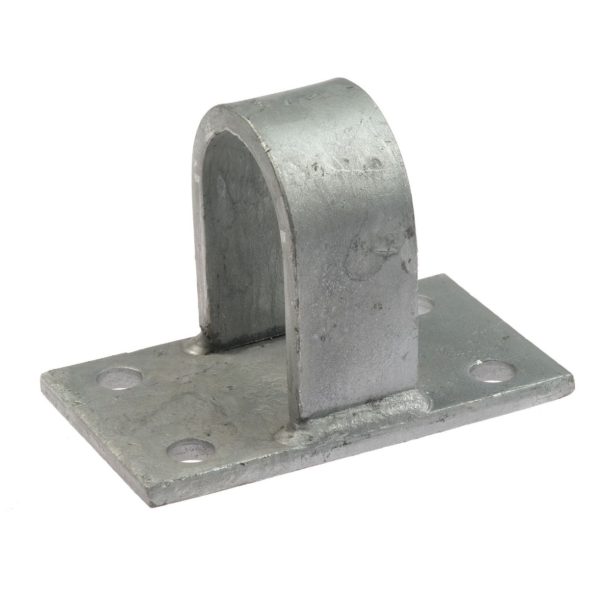 A heavy-duty hot-dip galvanized steel bracket with a U-shaped loop and a rectangular base containing four pre-drilled holes.
