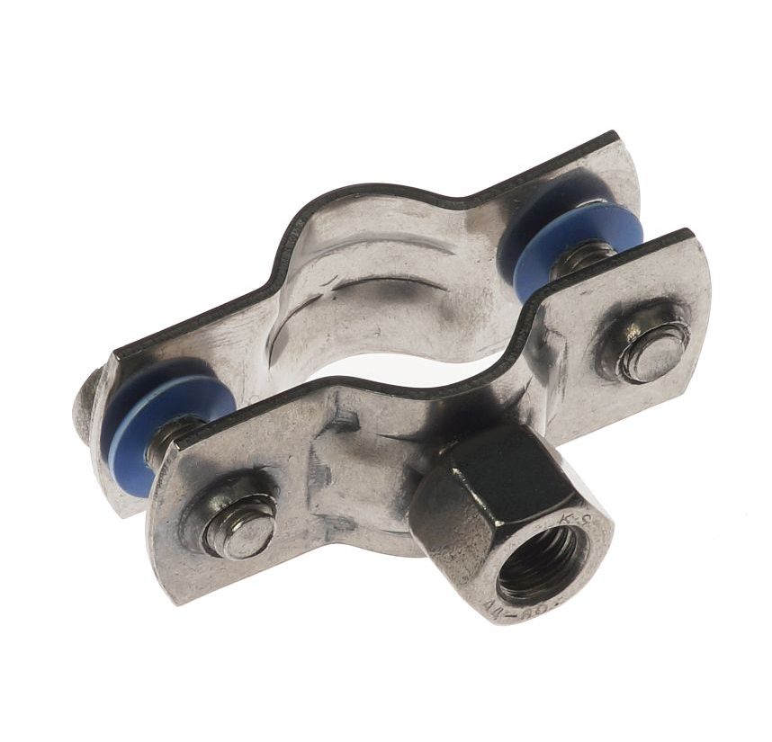 A stainless steel 316 pipe clamp with an M8 threaded nut, dual fastening screws, and protective blue washers.