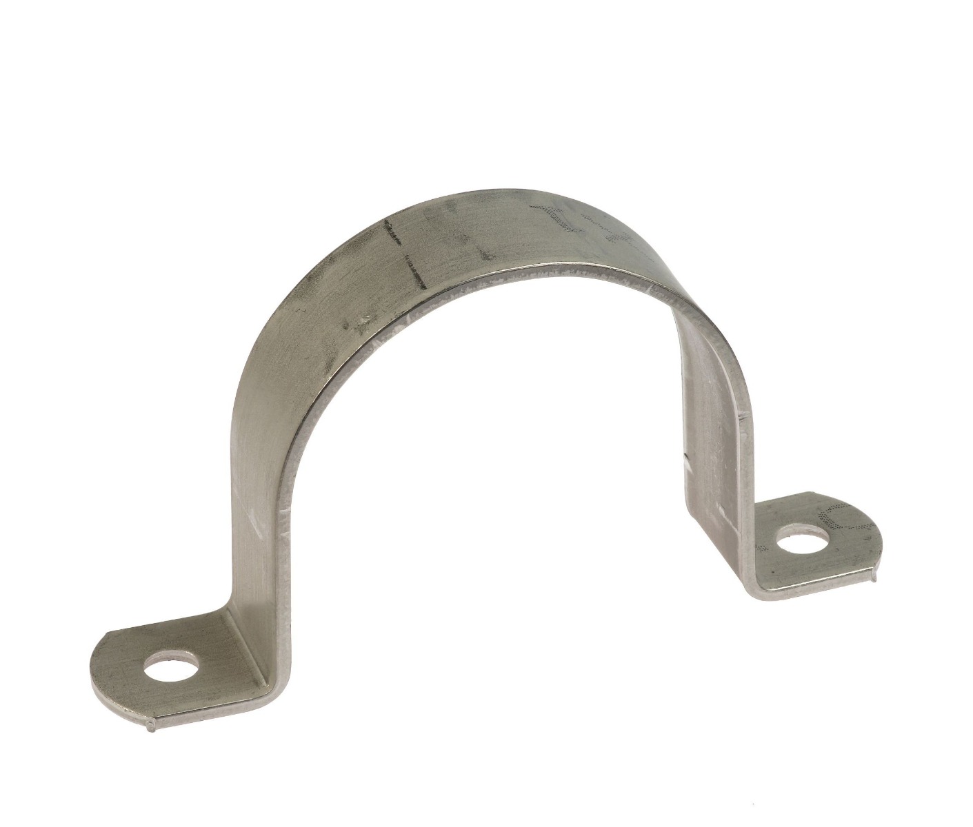 A U-shaped stainless steel 304 saddle bracket strip with mounting holes on both ends for securing pipes and tubes.