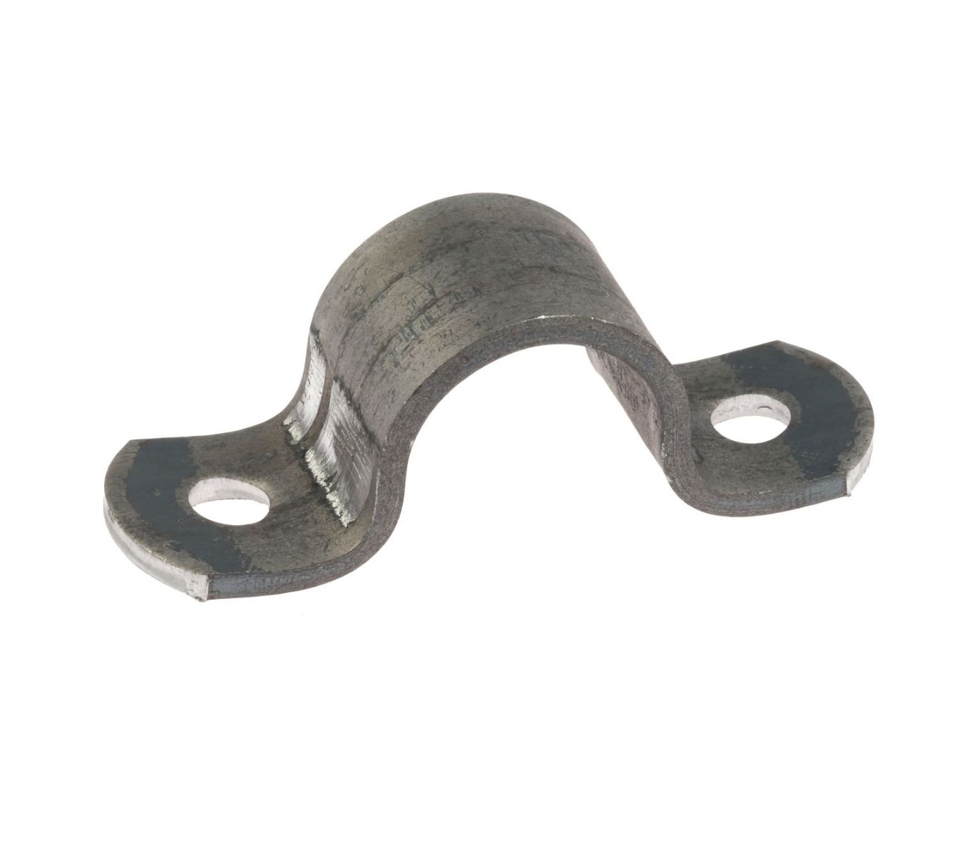 Durable metal saddle bracket strip used for securing pipes, featuring two pre-drilled holes for easy installation on flat surfaces.