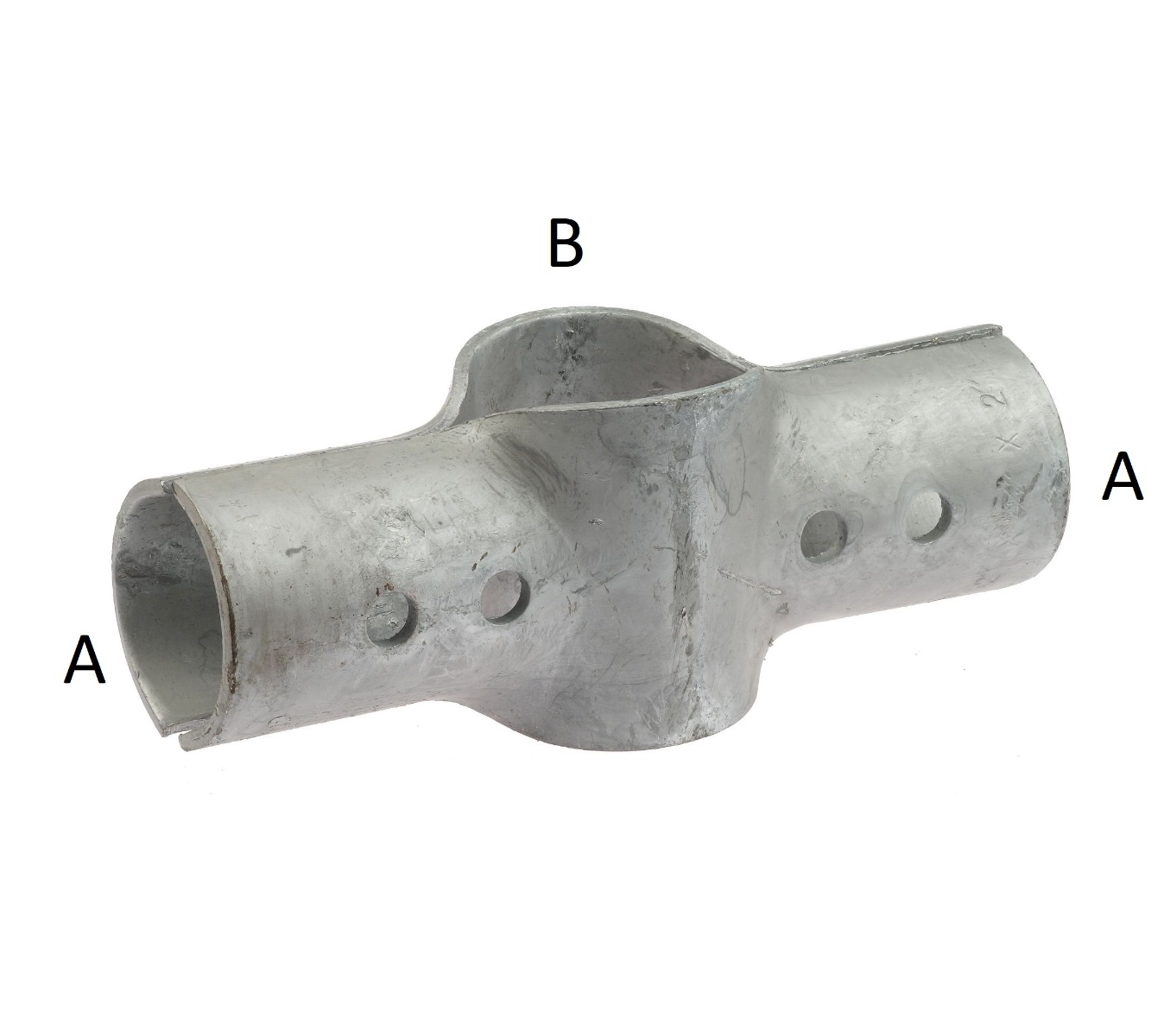 A heavy-duty hot-dip galvanised metal cross joint fitting with four pre-drilled bolt holes for securing intersecting structural pipes.