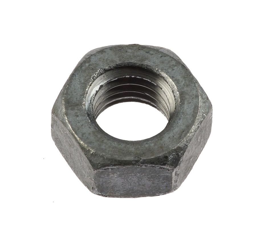 A top-down view of a single zinc-plated steel hexagonal nut with internal threads, meeting DIN 934 standards.