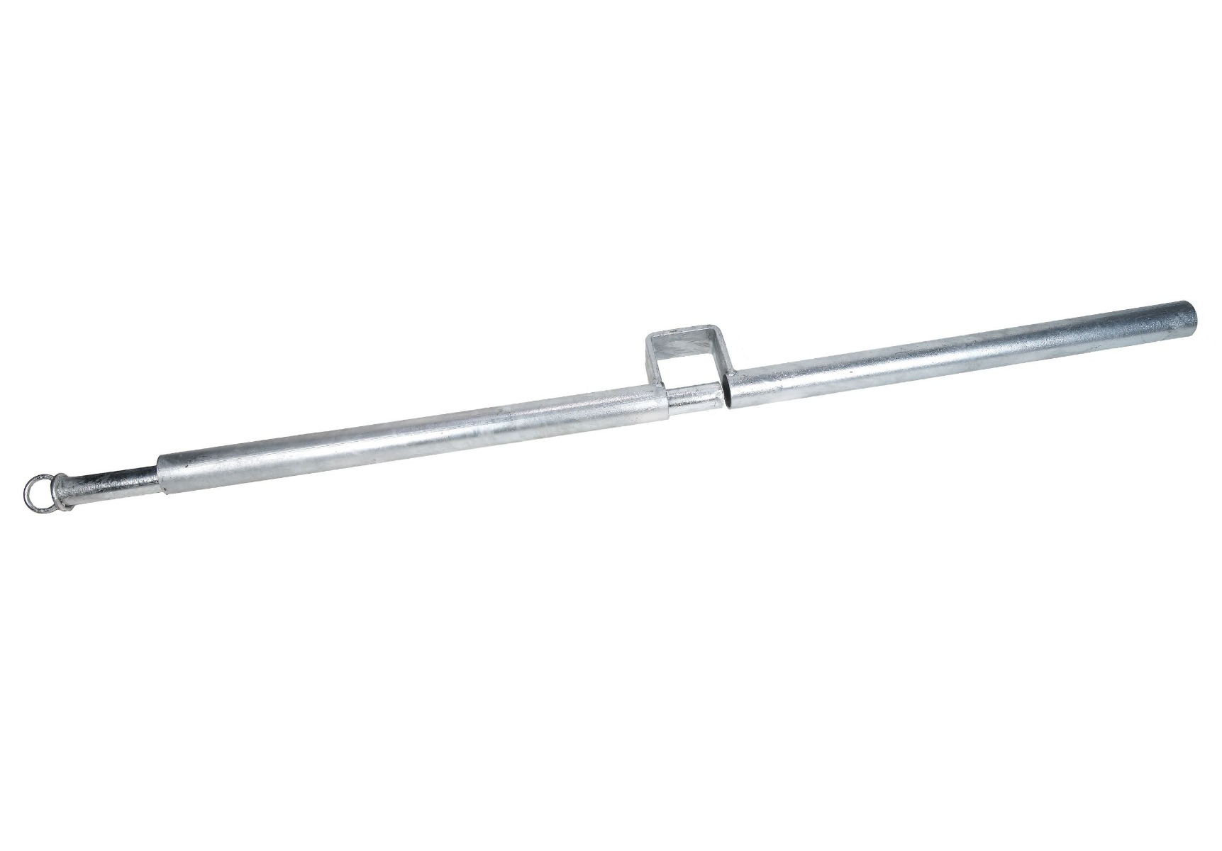 A 130 cm long hot-dip galvanised metal closure rod for shear-off grids, featuring a central U-shaped bracket and end loop.
