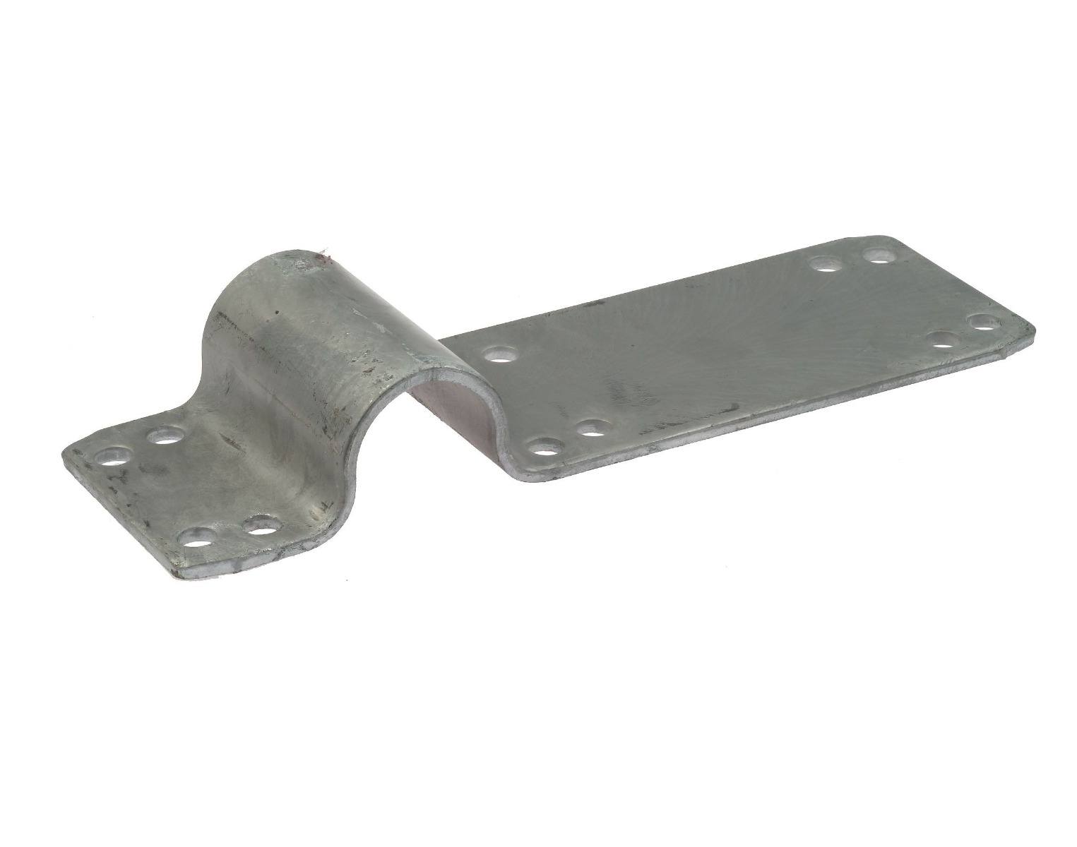 A hot-dip galvanised steel tube clamp featuring a long 200mm lip and twelve pre-drilled holes for U-bolt mounting.