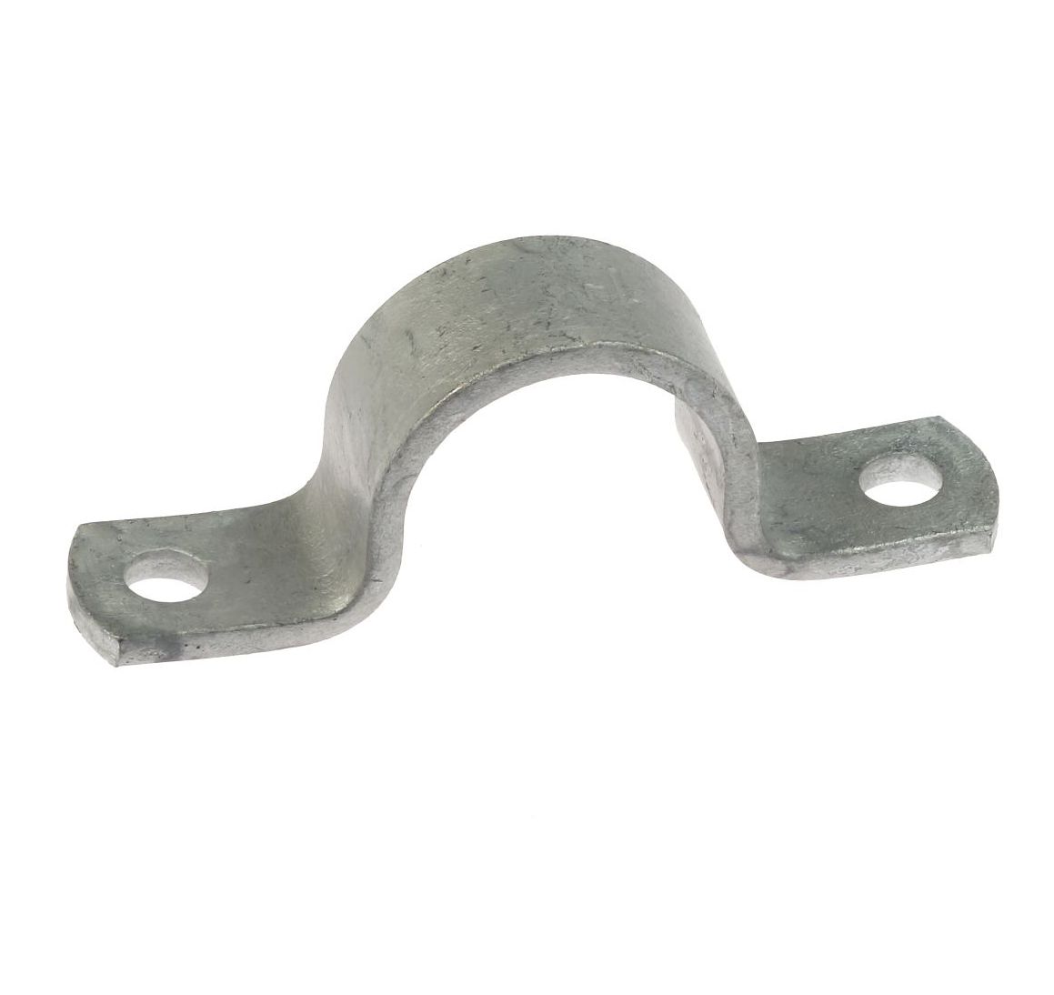 A durable galvanised steel saddle pipe clip with two holes for securing pipes to walls or other flat surfaces.