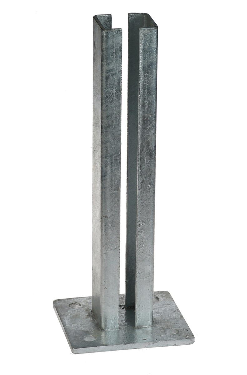 A heavy-duty hot-dip galvanised metal base plate with a 60x60mm slotted box section for mounting posts.