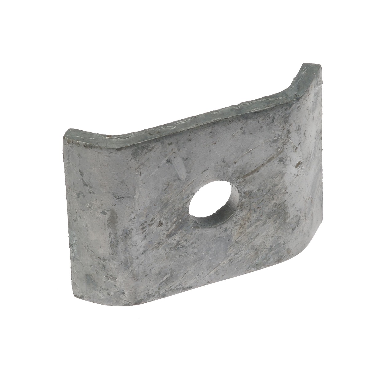 A gray hot-dip galvanised metal angle joint connector with a central hole for joining double rod mesh fence panels.