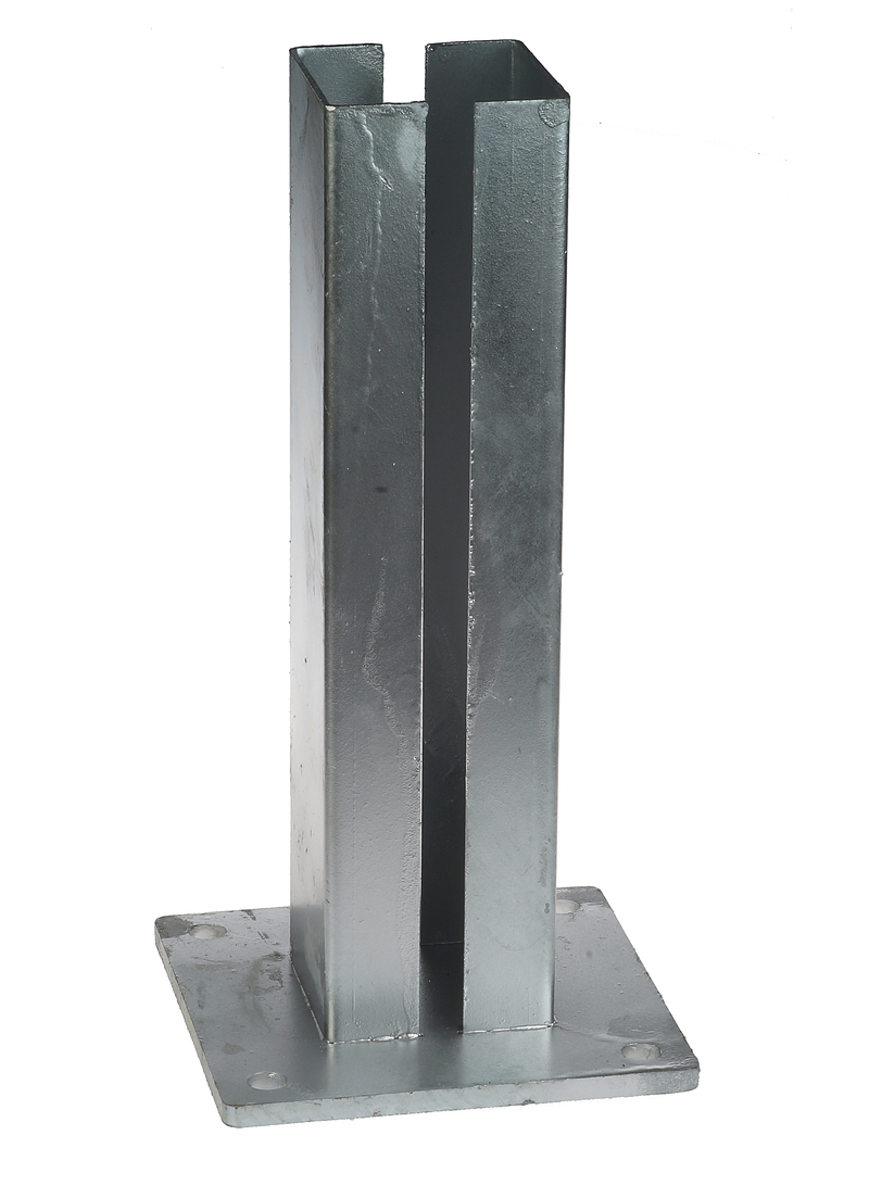 A hot-dip galvanized steel base plate designed for an 80x80 box section featuring a vertical slotted tube and mounting holes.