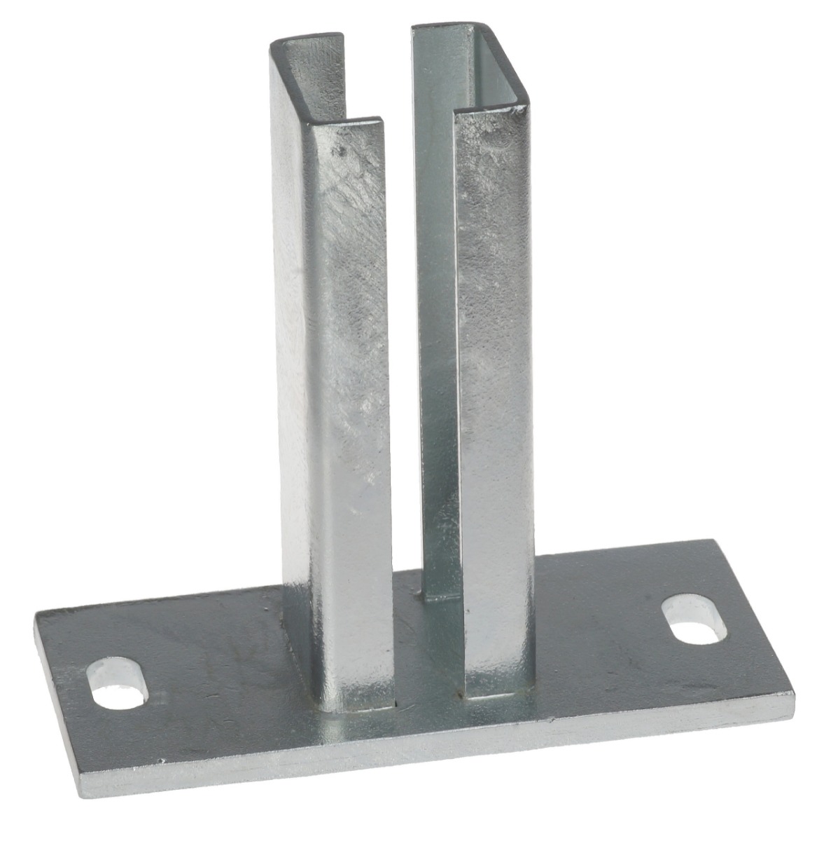 A durable hot-dip galvanised steel base plate featuring a short vertical box section and pre-drilled holes for secure mounting.