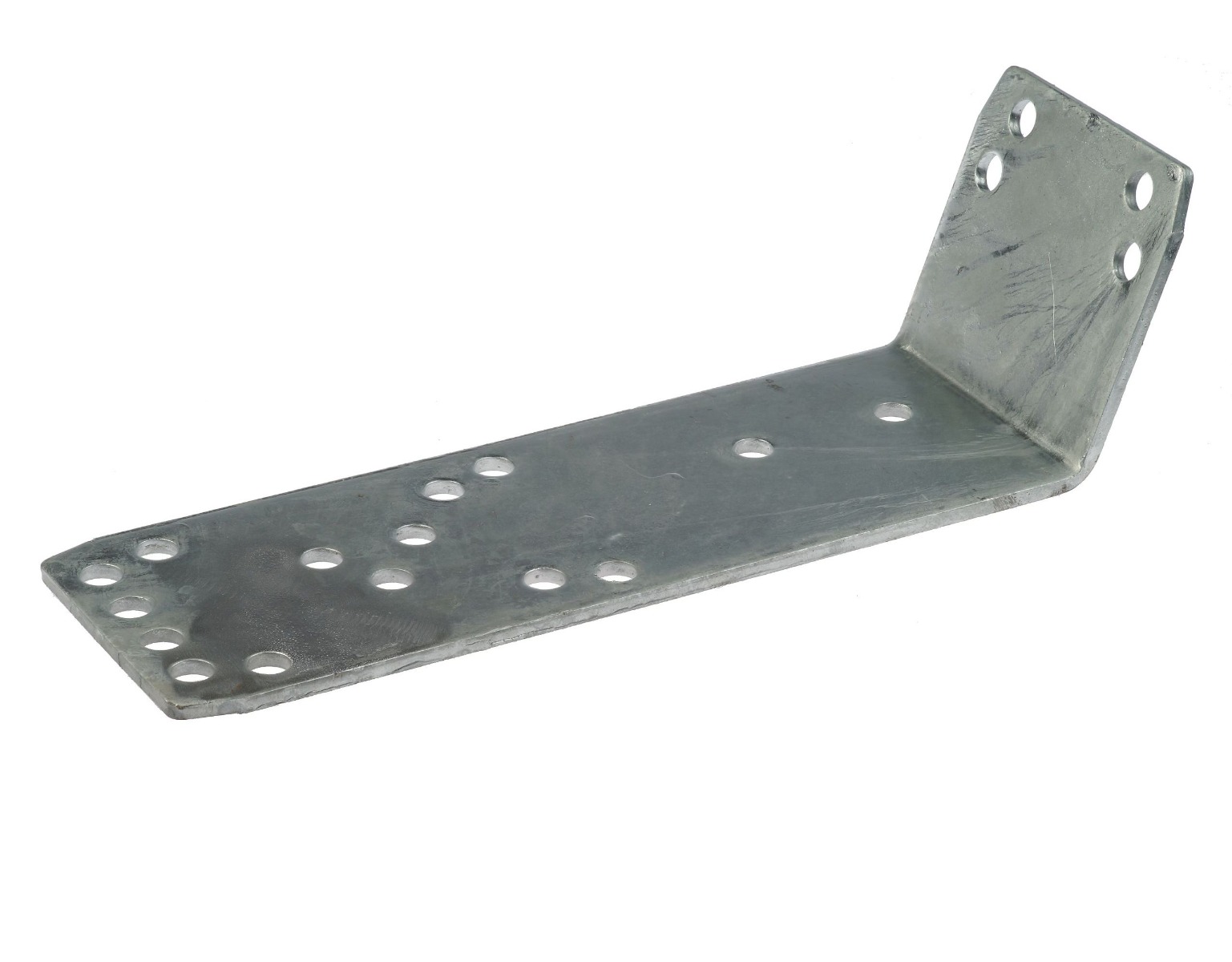 An L-shaped hot-dip galvanised metal brisket board fastener with multiple pre-drilled holes for secure agricultural mounting applications.