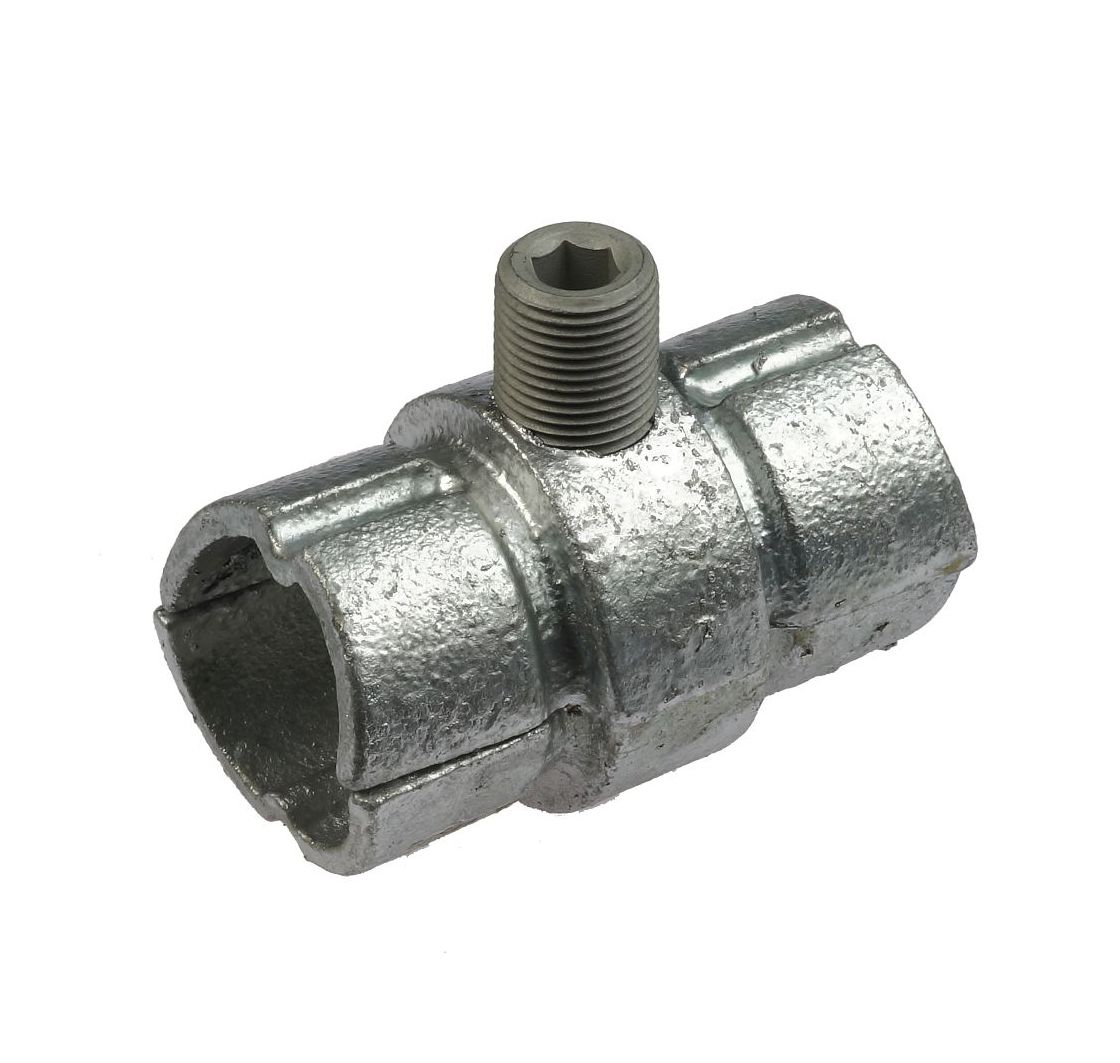 Industrial hot-dip galvanised cast iron internal joint fitting with a central grub screw for securely connecting metal tubes internally.