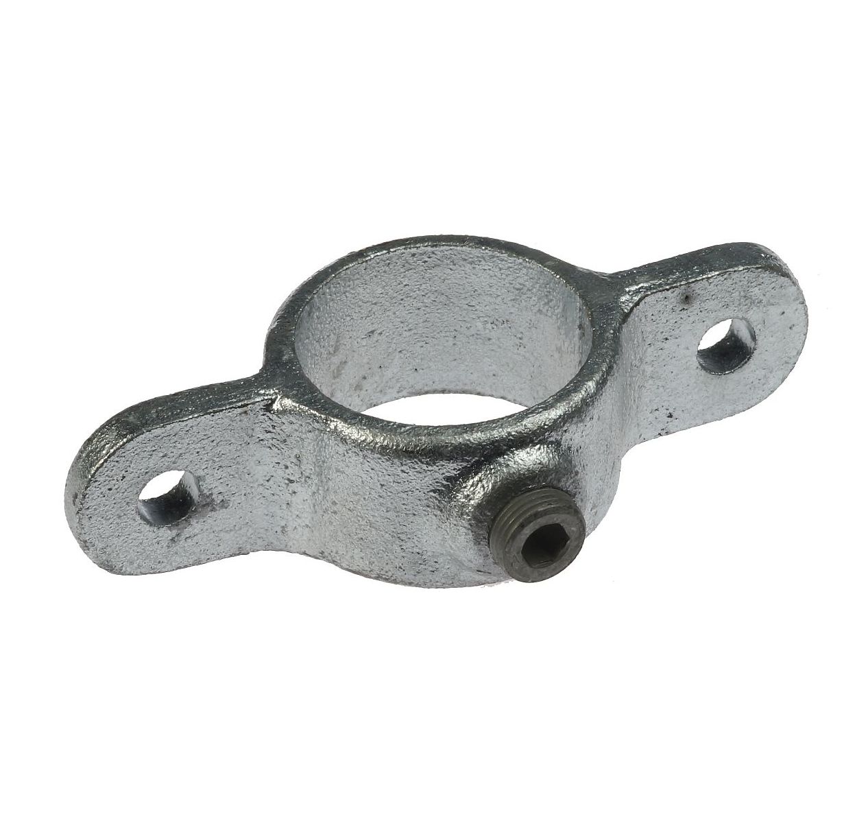 Galvanised cast iron male swivel fitting with a central pipe hole, two side mounting ears, and an integrated securing set screw.
