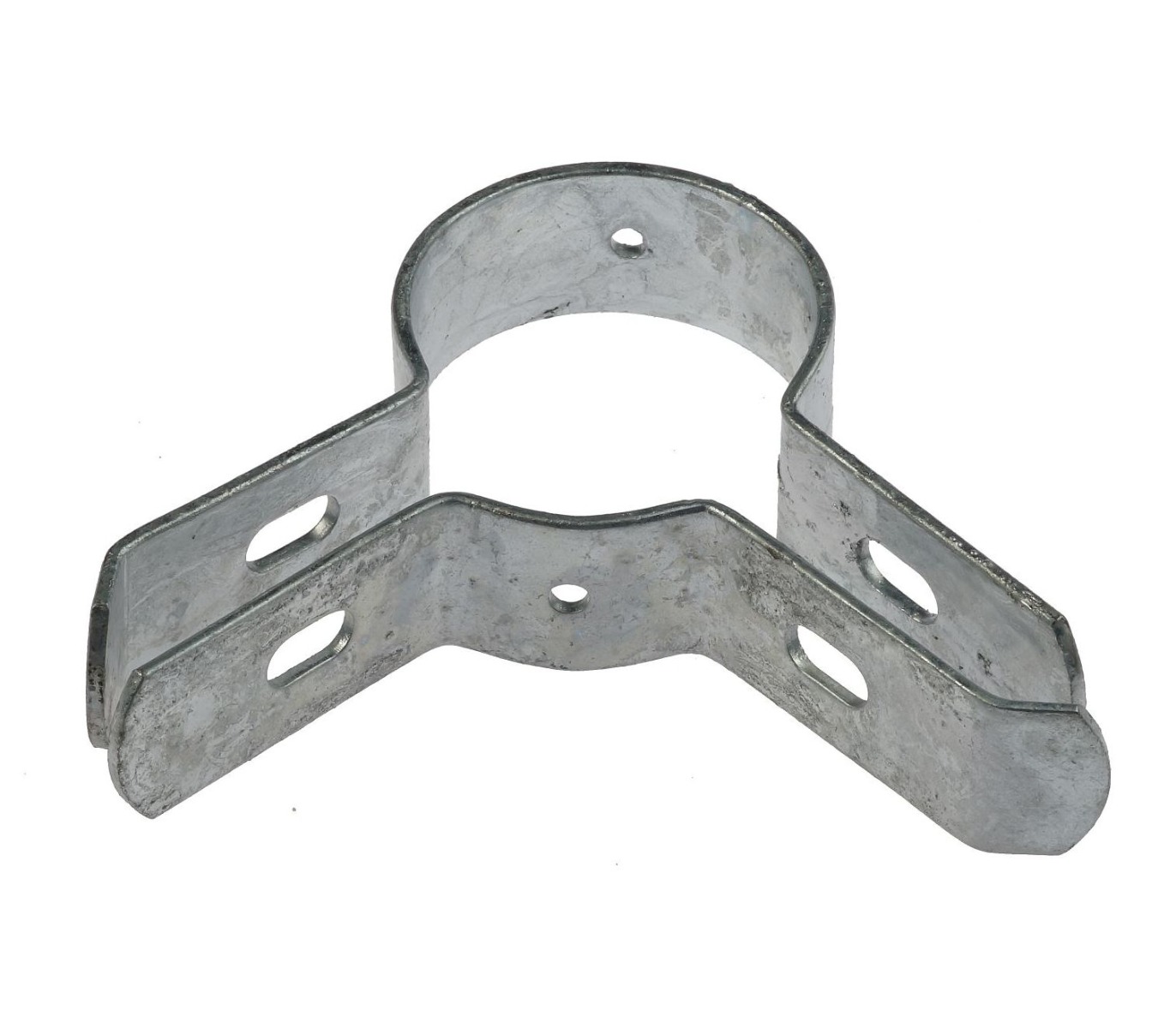A silver, hot-dip galvanised metal corner bracket clamp designed to secure mesh panels to round fence posts at an angle.