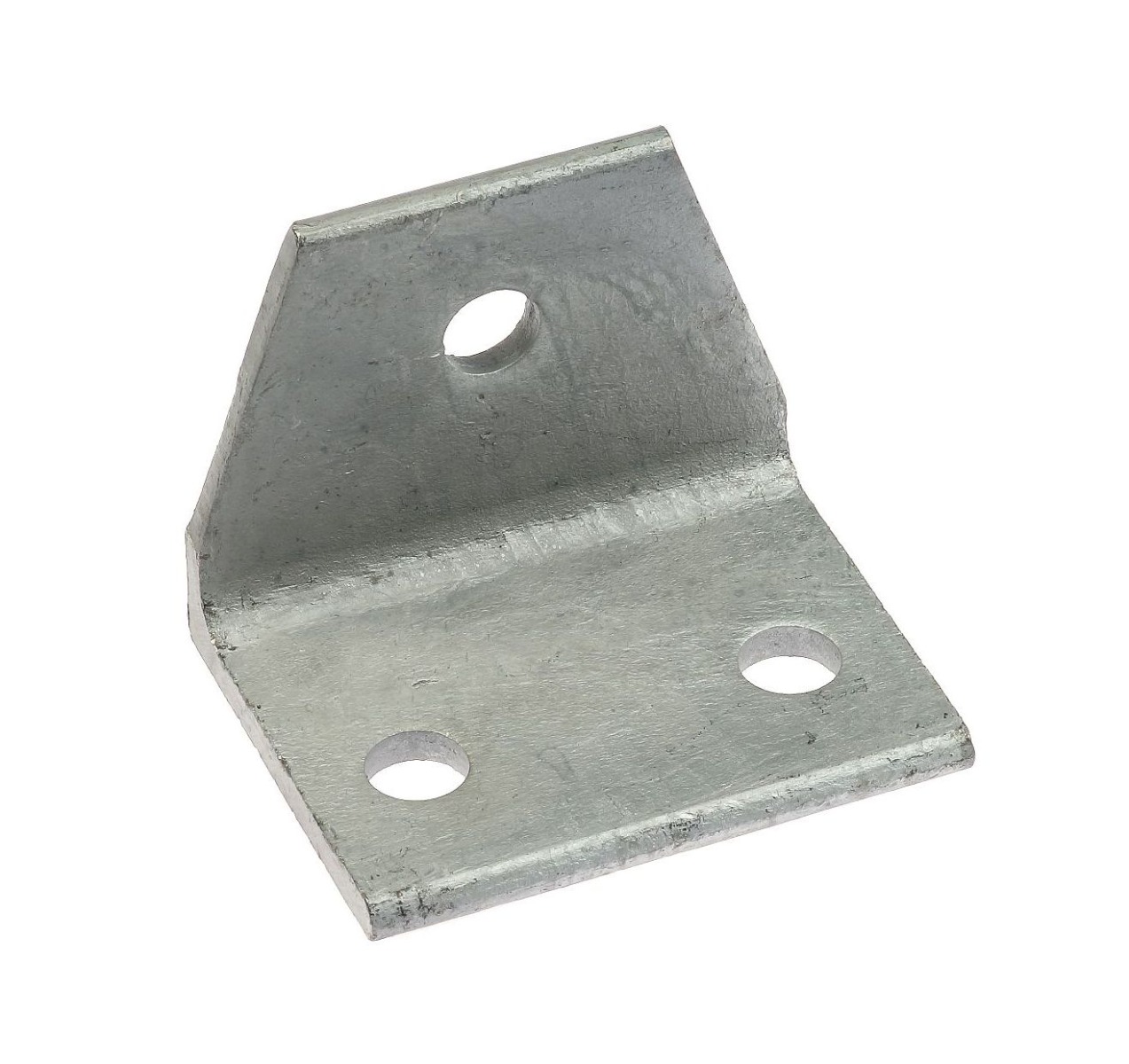 An L-shaped hot-dip galvanised steel corner piece with three mounting holes for secure attachment in various structural applications.