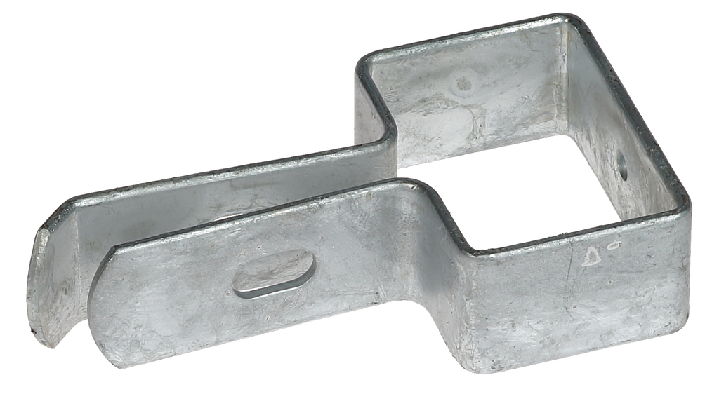A hot-dip galvanized metal end bracket with an extended lip and slot for mounting double rod mesh fencing.
