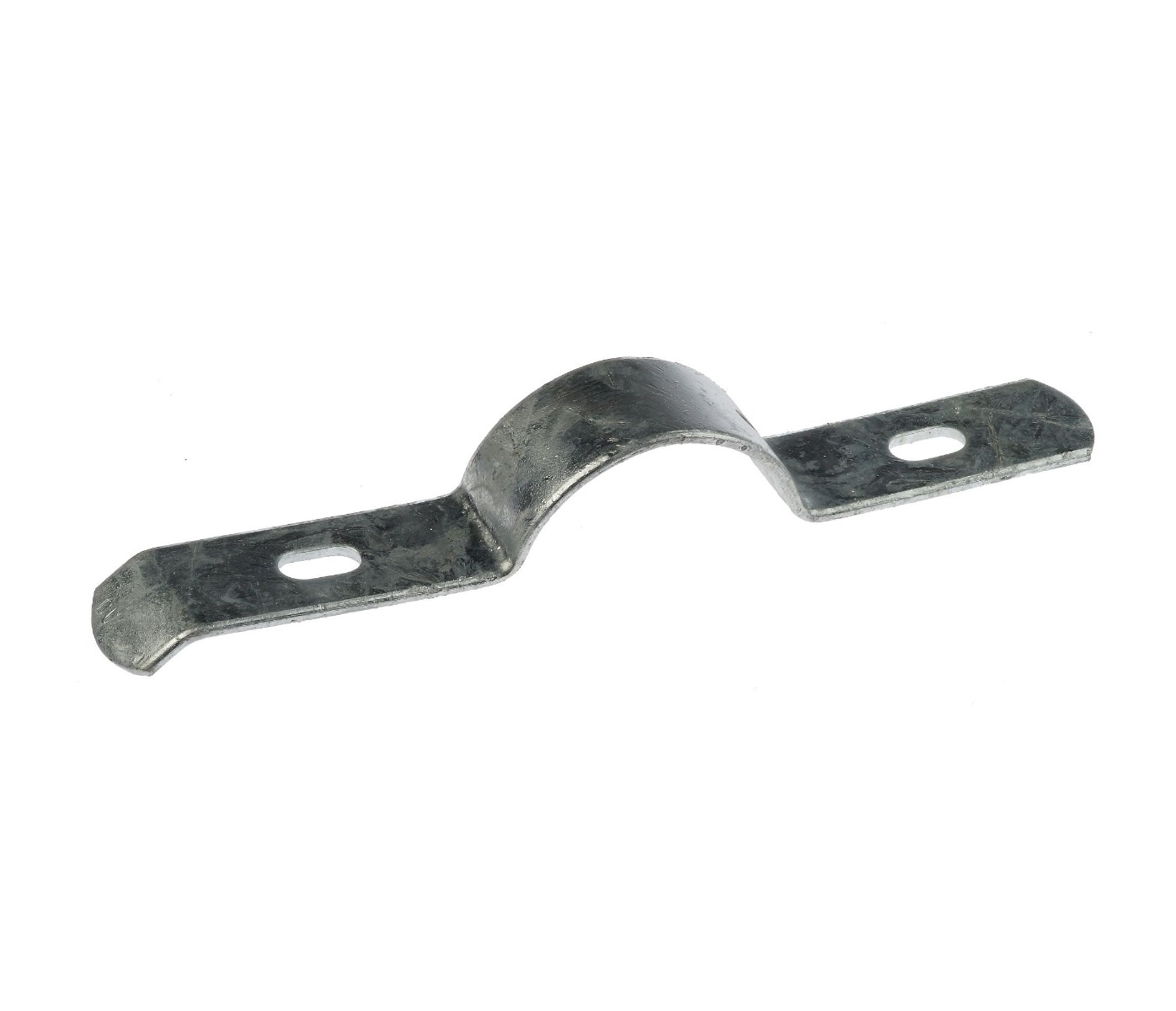 A silver hot-dip galvanised extended bracket with two mounting holes for securing double bar mesh panel fence components.