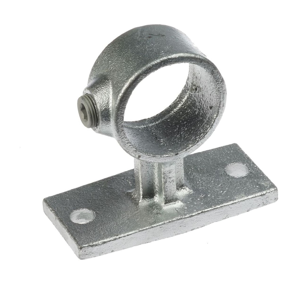 A hot dip galvanised cast iron G143 handrail bracket with a circular pipe opening and rectangular mounting base.