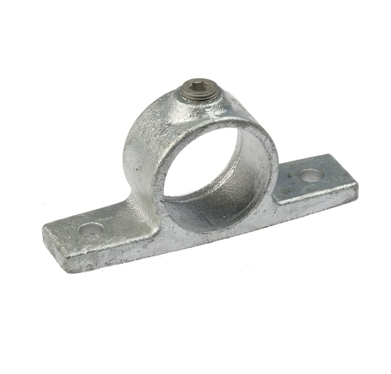 A silver-colored, hot-dip galvanized cast iron double fixing bracket with a central ring and two side mounting flanges.