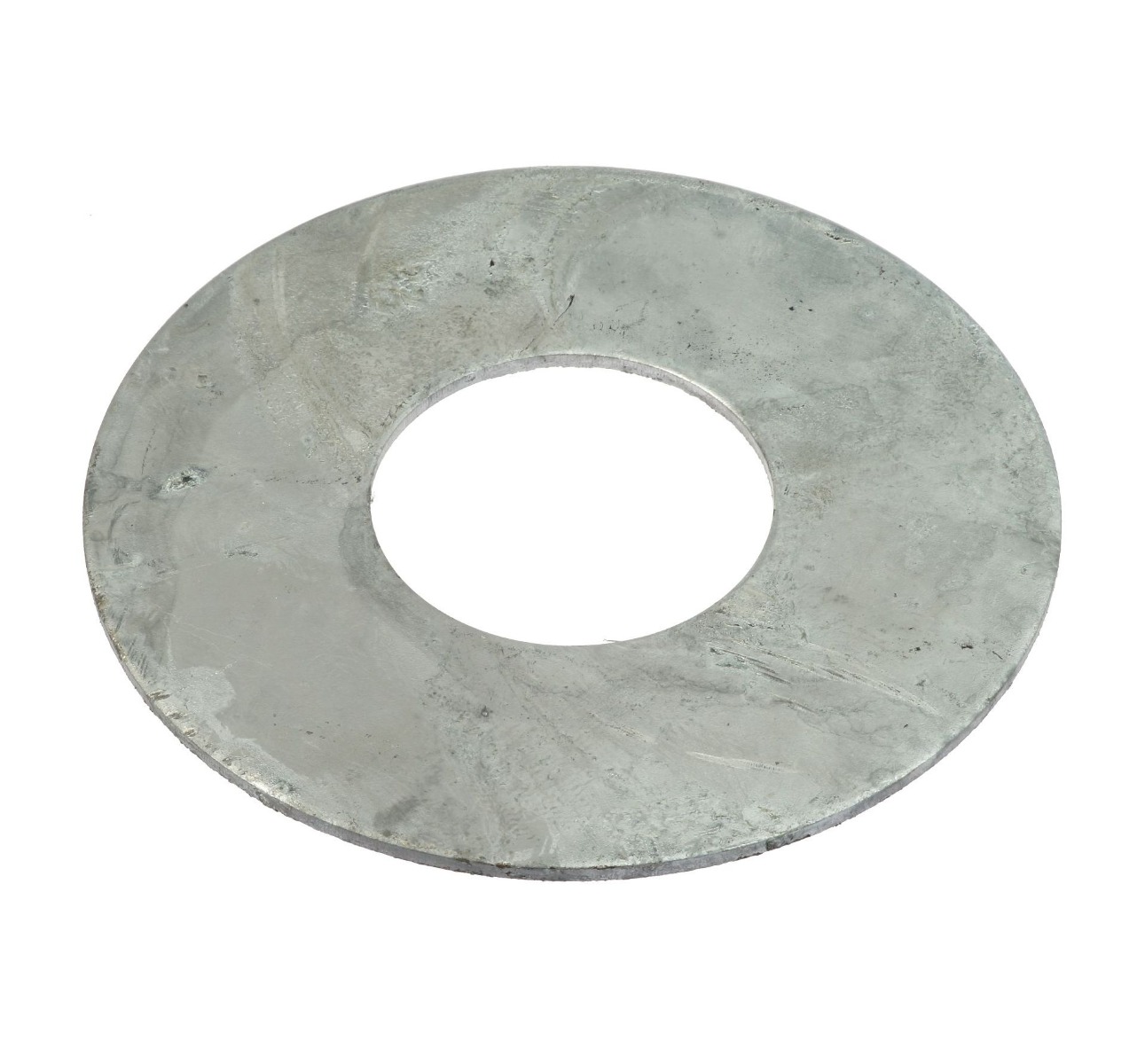 Circular hot-dip galvanised metal ring with a center hole used as a ground level stabilizer for fence posts.