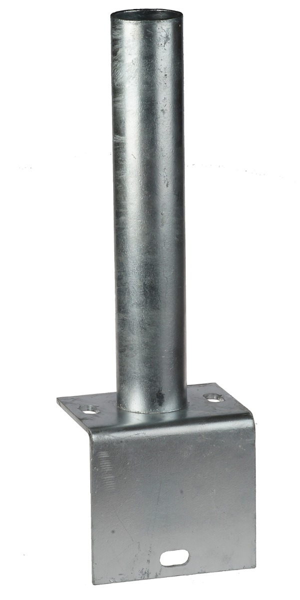 A sturdy hot-dip galvanised L-shape base plate with a vertical tube mount designed for 60mm round pipes or posts.