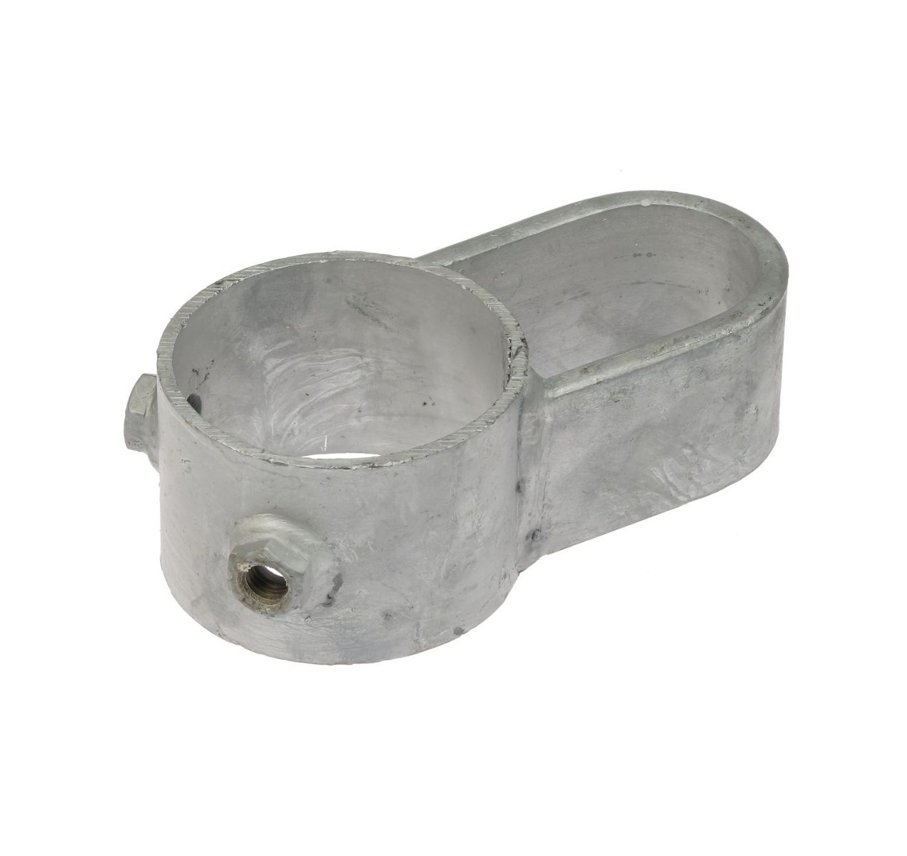 A hot-dip galvanised metal locking device featuring a circular clamp with set screws and an attached oval loop for grid isolation.