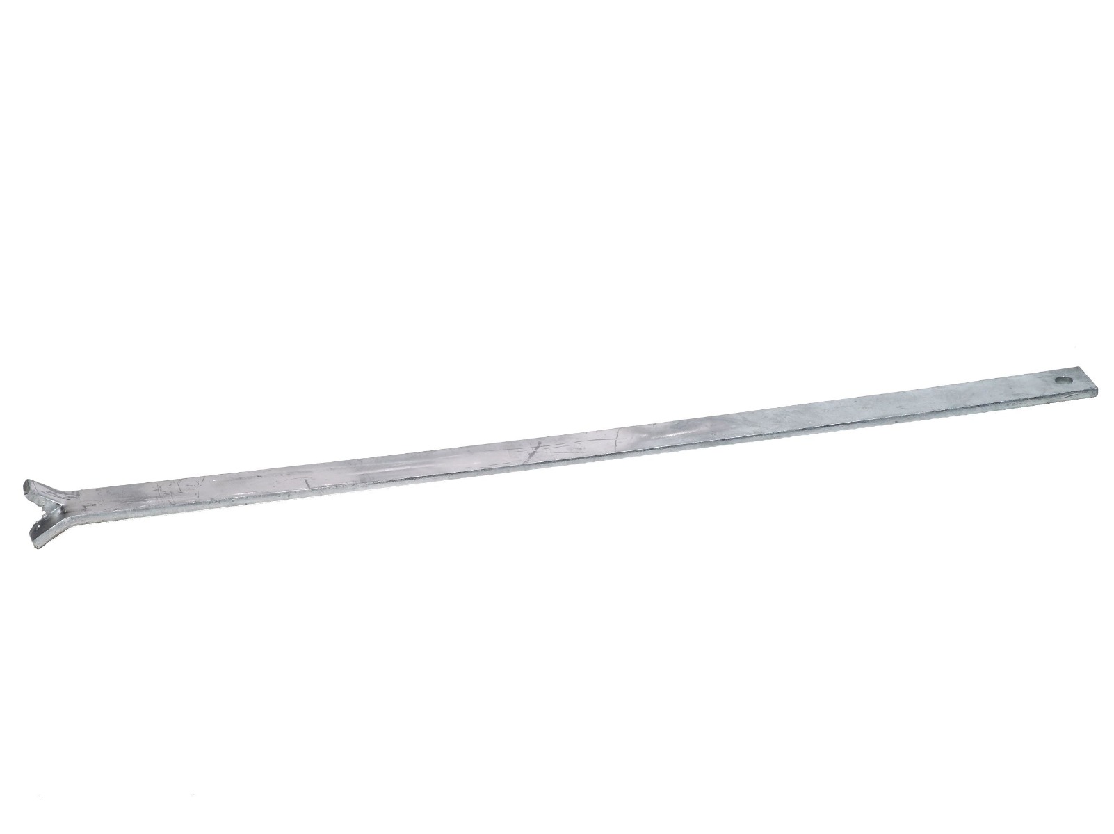 A hot-dip galvanized metal strip featuring a split dovetail end and a small pre-drilled hole for secure mounting applications.