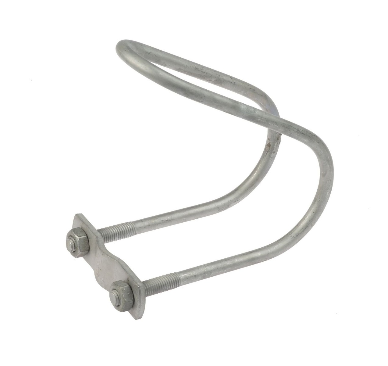 A hot-dip galvanised oblique wire clamp featuring a curved loop, a metal mounting plate, and two secure hexagonal nuts.