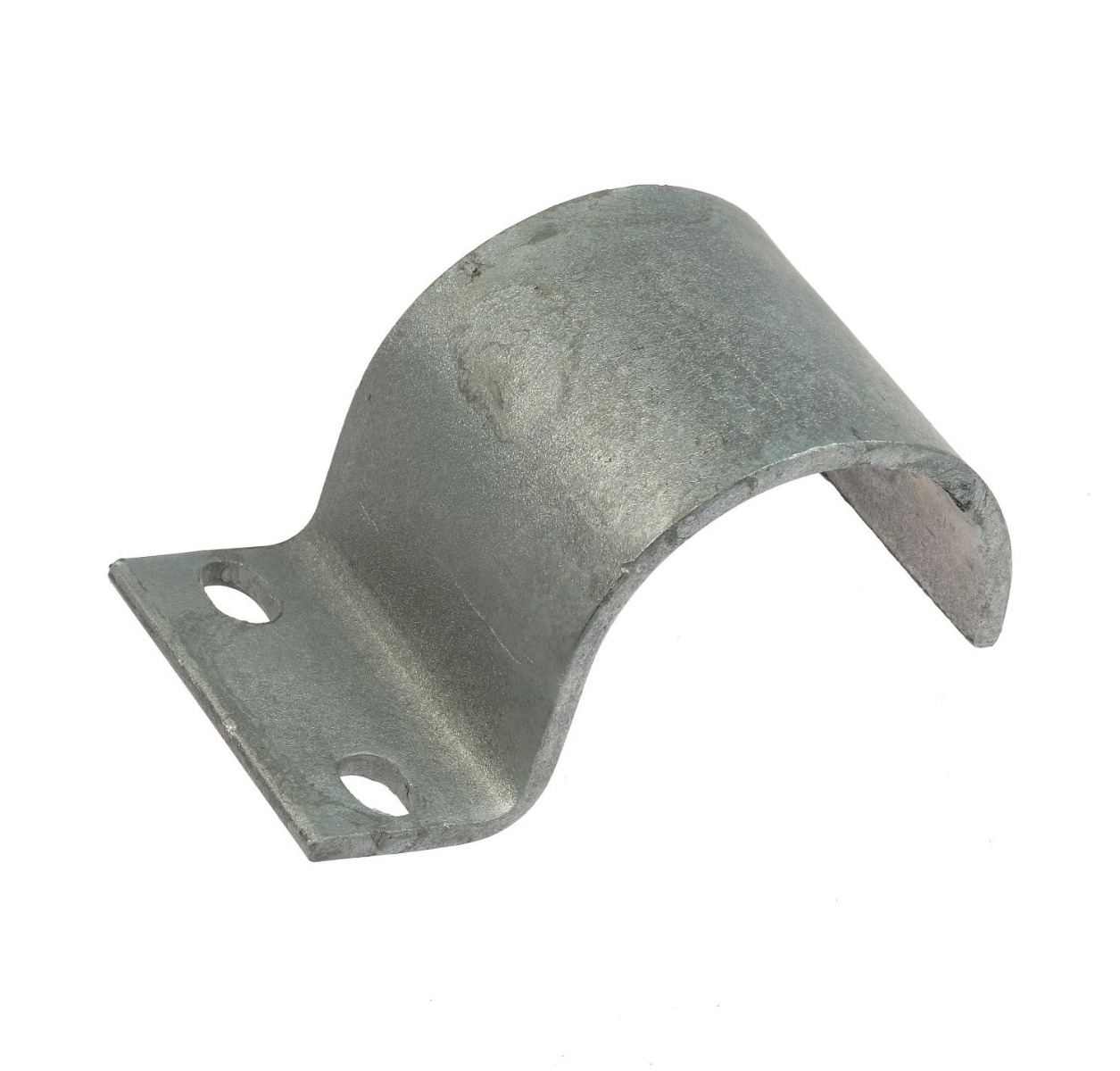 Silver galvanised metal pipe clamp with a curved middle section and a flat base containing two circular mounting holes.