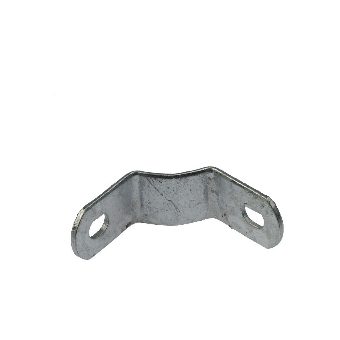 A small, silver, hot-dip galvanised quarter corner bracket with two mounting holes, designed for chain link mesh fencing.