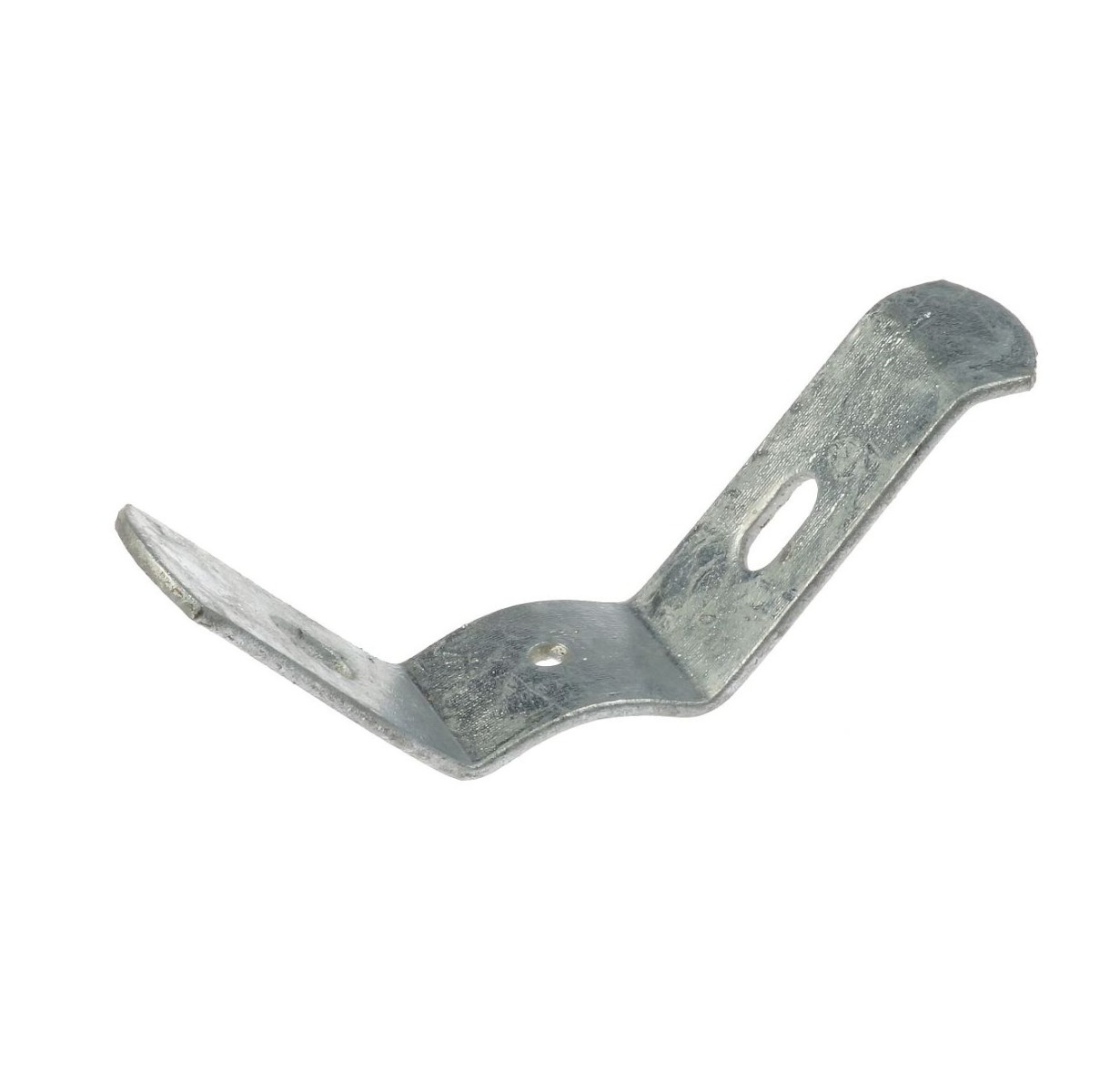 A hot-dip galvanised metal corner bracket featuring pre-drilled holes for attaching mesh panels to round fence posts.